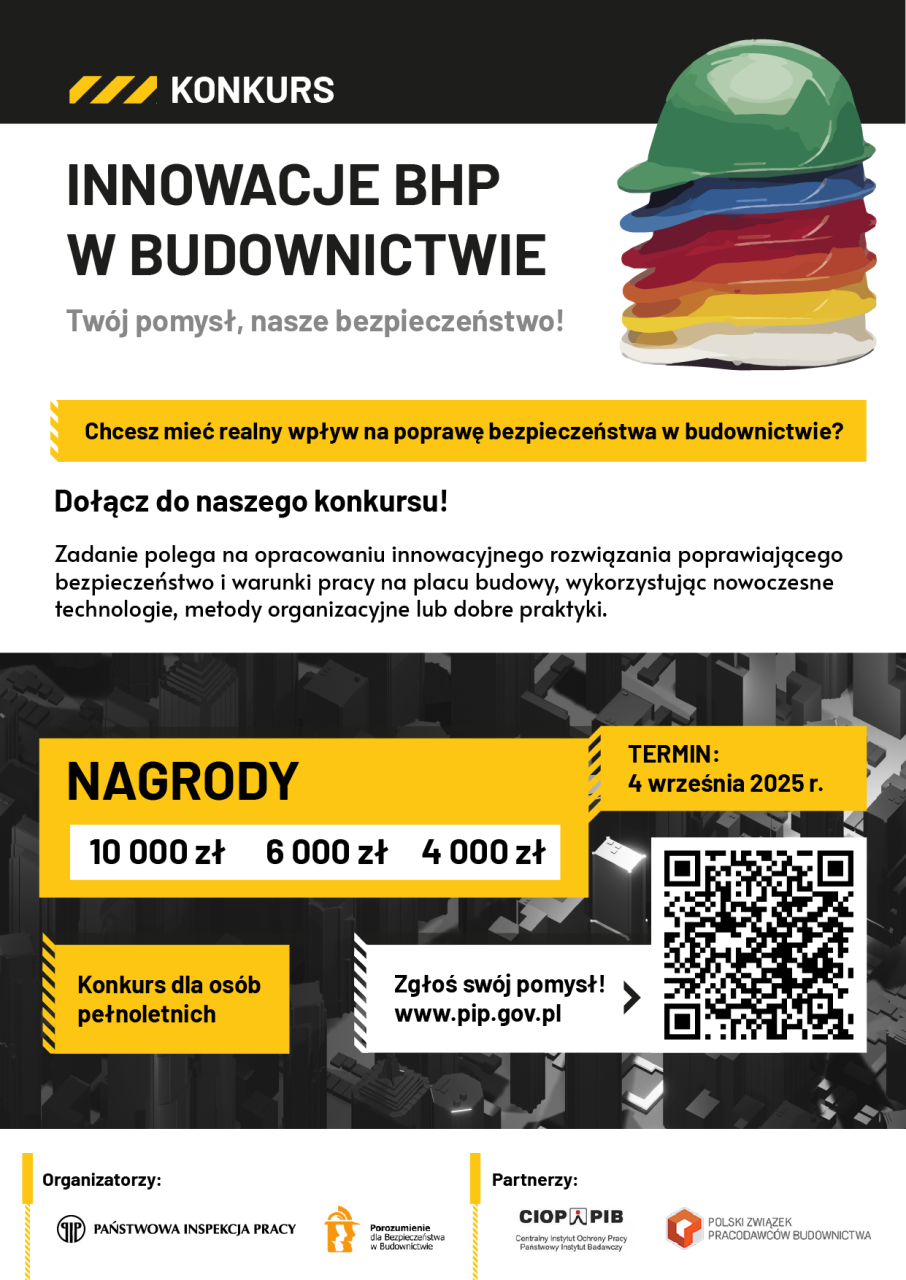 Plakat dotyczący konkursu Innowacje BHP w budownictwie
