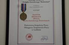 Złoty Medal 130-lecia Ruchu Zawodowego Budowlani dla Okręgowego Inspektoratu Pracy w Lublinie